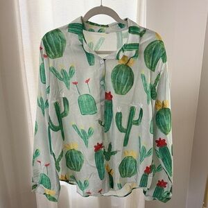 SHEIN Green Cactus Print Button Down Shirt